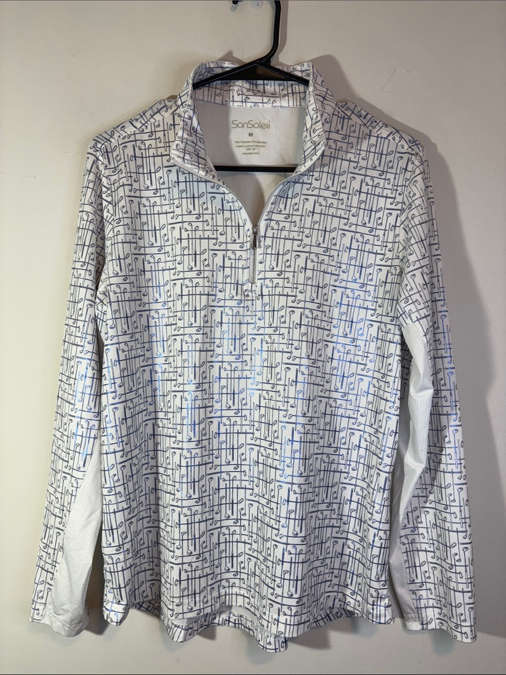 SanSoleil SolShine UPF 50 Sun Long Sleeve Quarter Zip Metallic Golf Club Print M